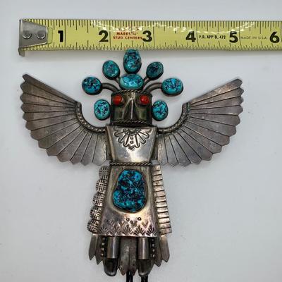 Large Pawn Silver, Turquoise, and Coral Eagle Dancer Bolo Tie