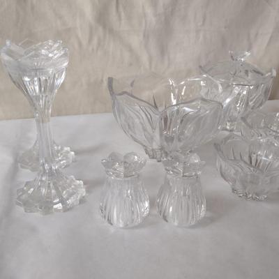 Large Collection of Clear Glass Serve Ware- Bowls, Salt and Pepper Shakers, Vase, etc.