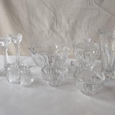 Large Collection of Clear Glass Serve Ware- Bowls, Salt and Pepper Shakers, Vase, etc.