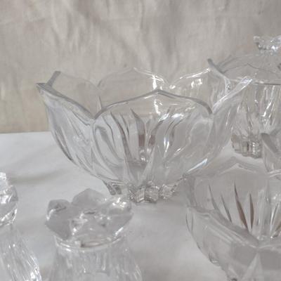 Large Collection of Clear Glass Serve Ware- Bowls, Salt and Pepper Shakers, Vase, etc.