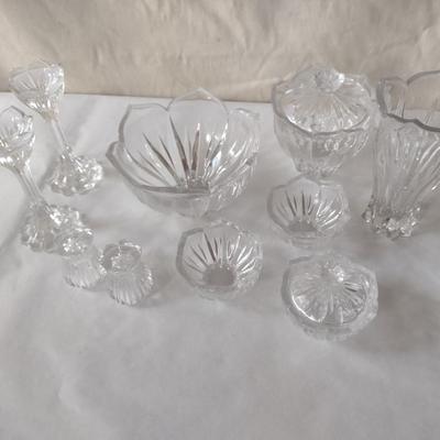 Large Collection of Clear Glass Serve Ware- Bowls, Salt and Pepper Shakers, Vase, etc.