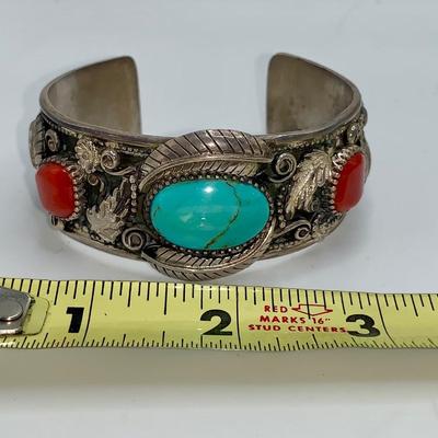 Large Native American Pawn Silver, Turquoise, and Coral Cuff Bracelet