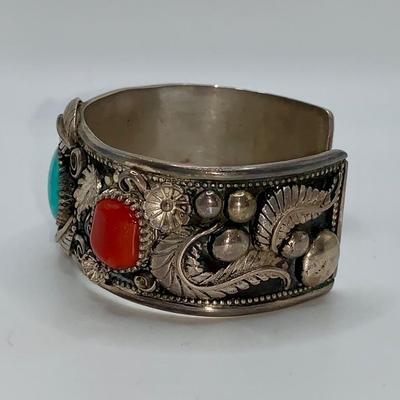 Large Native American Pawn Silver, Turquoise, and Coral Cuff Bracelet