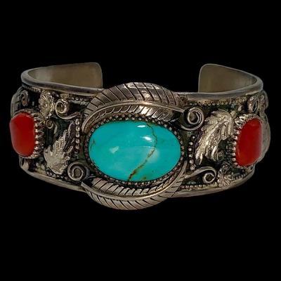 Large Native American Pawn Silver, Turquoise, and Coral Cuff Bracelet