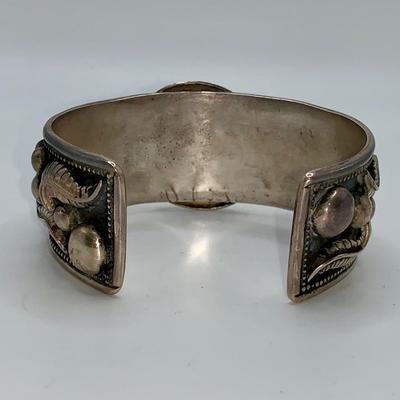Large Native American Pawn Silver, Turquoise, and Coral Cuff Bracelet