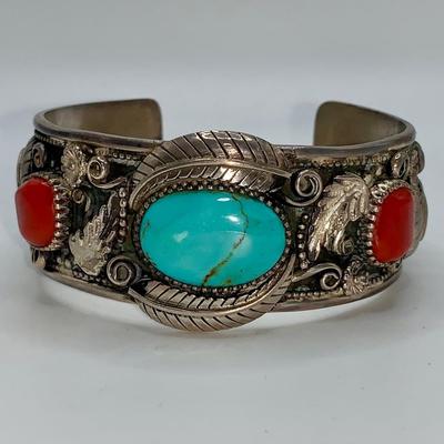 Large Native American Pawn Silver, Turquoise, and Coral Cuff Bracelet