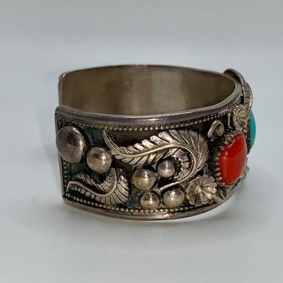 Large Native American Pawn Silver, Turquoise, and Coral Cuff Bracelet