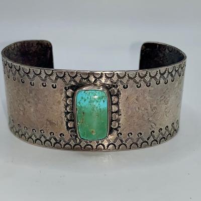 Large Native American Pawn Silver and Turquoise Cuff Bracelet