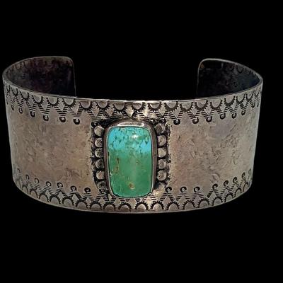 Large Native American Pawn Silver and Turquoise Cuff Bracelet