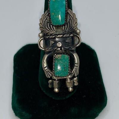 Native American Cherokee Pawn Silver and Turquoise Kachina Ring by John Coers