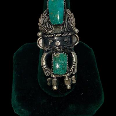 Native American Cherokee Pawn Silver and Turquoise Kachina Ring by John Coers