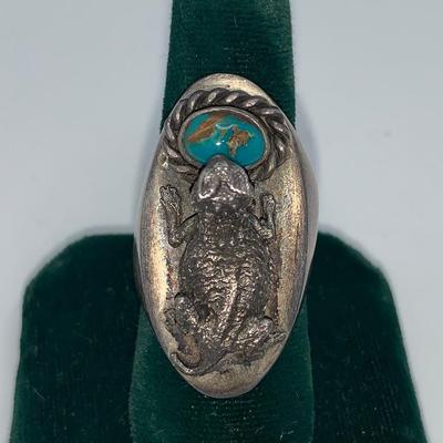 Native American Pawn Silver and Turquoise Horned Frog/Horny Toad Ring