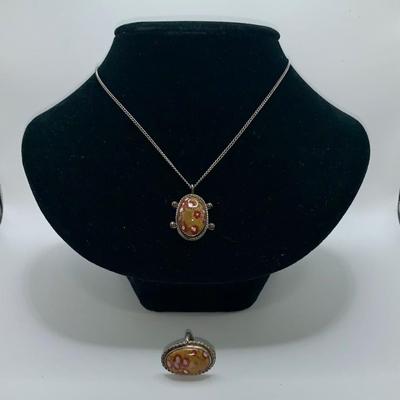 Native American Pawn Silver and Poppy Jasper Necklace and Ring Set