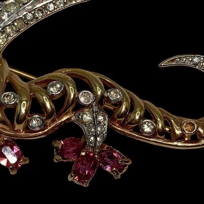 1940’s Crocodile Figural Brooch in Gold Tones W/Pink & Clear Rinestones