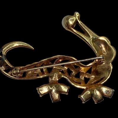 1940’s Crocodile Figural Brooch in Gold Tones W/Pink & Clear Rinestones