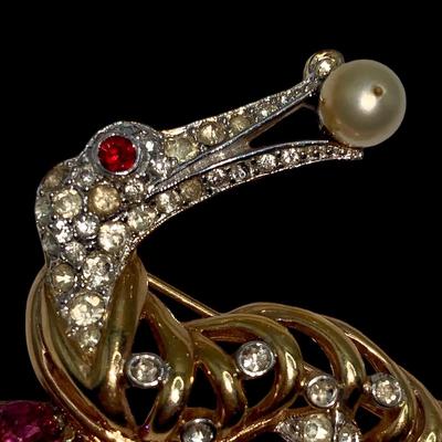 1940’s Crocodile Figural Brooch in Gold Tones W/Pink & Clear Rinestones