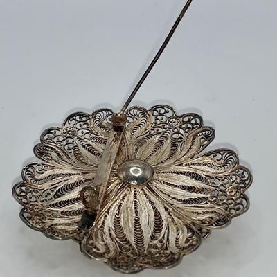 Unmarked Silver Filigree Wireworks Floral Pin W/Early C-Clasp Closure