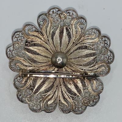 Unmarked Silver Filigree Wireworks Floral Pin W/Early C-Clasp Closure