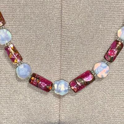Vintage Art Glass Necklace, Opaline and Venetian Foil Beads