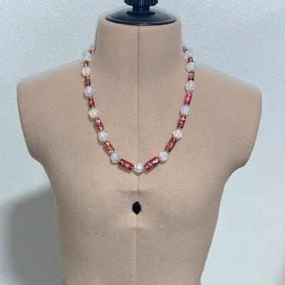 Vintage Art Glass Necklace, Opaline and Venetian Foil Beads