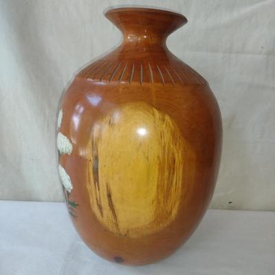 Large, Turned Wooden Vase with Hand Painted Design by Bobby Phillips- Cherry and Chrysocolla (#81)