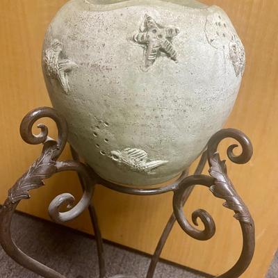 Wrought Iron Plant Stand and Ceramic Pot