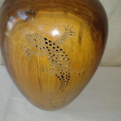 Large, Turned Wooden Vase with Reticulated Gecko Design by Bobby Phillips- Walnut (#83)