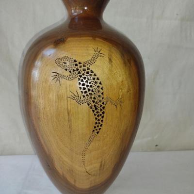 Large, Turned Wooden Vase with Reticulated Gecko Design by Bobby Phillips- Walnut (#83)