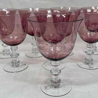 Set of 8 Large Wine Goblets etched cranberry glass with clear stems