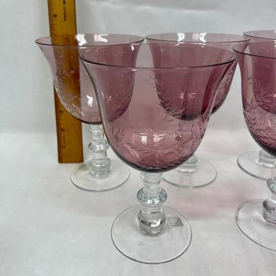 Set of 8 Large Wine Goblets etched cranberry glass with clear stems