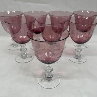 Set of 8 Large Wine Goblets etched cranberry glass with clear stems