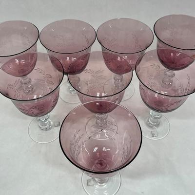 Set of 8 Large Wine Goblets etched cranberry glass with clear stems