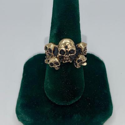 Vintage 14K Gold Biker Ring With Skulls