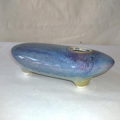 Glazed, Footed Ceramic Ikebana Vase with Flower Frog- Signed by Artist