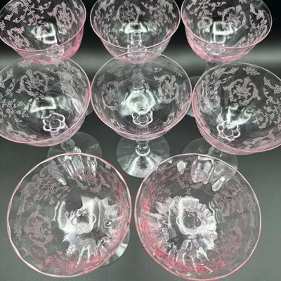 Eight Vintage Pink FOSTORIA Champagne Glasses
