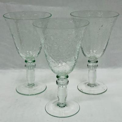 Lot of 3 Crackle Clear Glass Wine Goblets stemware