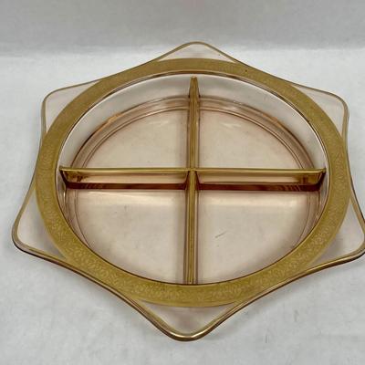 Pink glass Divided dish Gold Gilt 6 Painted edge