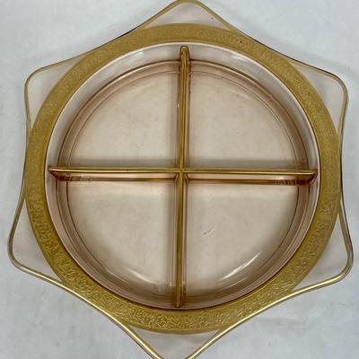 Pink glass Divided dish Gold Gilt 6 Painted edge