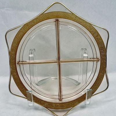 Pink glass Divided dish Gold Gilt 6 Painted edge