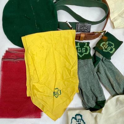 Vintage Girl Scout Uniform Lot - Shorts, Blouse, belts, socks, tie, beret, sashes, dunk bag