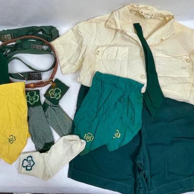 Vintage Girl Scout Uniform Lot - Shorts, Blouse, belts, socks, tie, beret, sashes, dunk bag