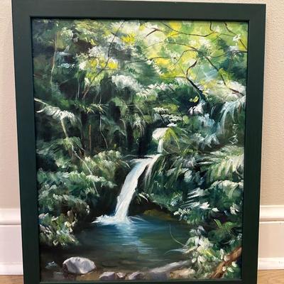 Original Framed Painting on Canvas of Waterfall Scene by Julia