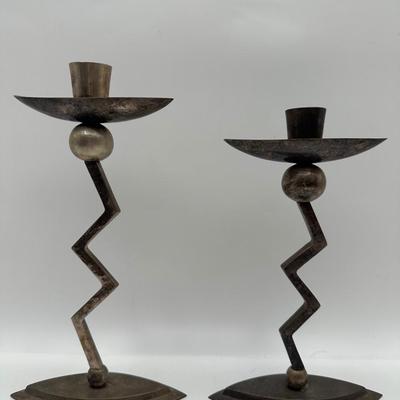 Pair of Postmodern Memphis Style Zigzag Vintage Candlestick Holders