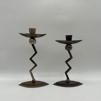 Pair of Postmodern Memphis Style Zigzag Vintage Candlestick Holders
