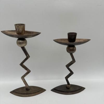 Pair of Postmodern Memphis Style Zigzag Vintage Candlestick Holders
