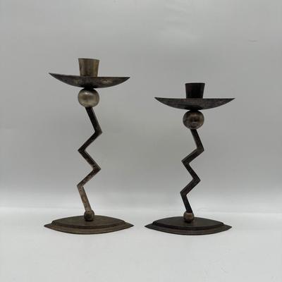 Pair of Postmodern Memphis Style Zigzag Vintage Candlestick Holders