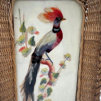 Vintage Handmade, Painted & Applied Feathers on Rattan Frame Tray