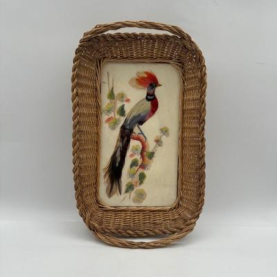 Vintage Handmade, Painted & Applied Feathers on Rattan Frame Tray