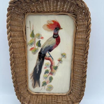 Vintage Handmade, Painted & Applied Feathers on Rattan Frame Tray