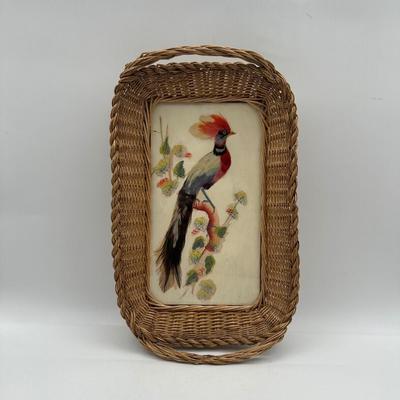 Vintage Handmade, Painted & Applied Feathers on Rattan Frame Tray